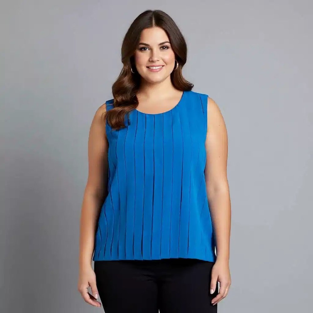 Calvin Klein Blue Pleated Front Sleeveless Shell‎ Blouse Top PL Petite Large